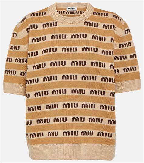 miu miu intarsia sweater|Logo intarsia wool sweater in beige .